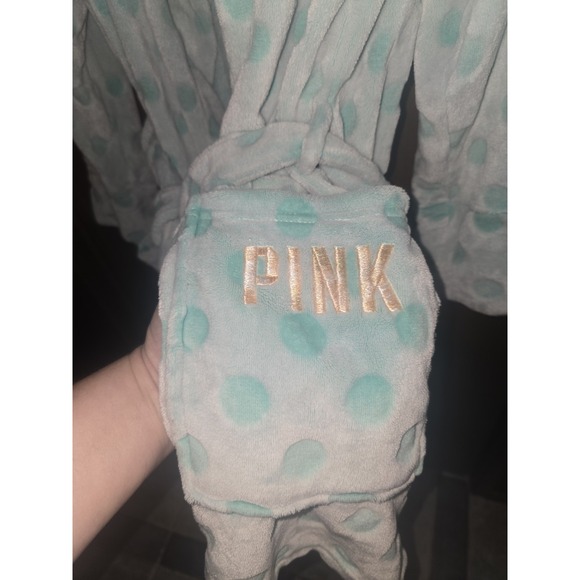 PINK Victoria Secret Green Polka Dot Soft Plush Bath Dressing Robe Women's Sz M - Picture 2 of 4